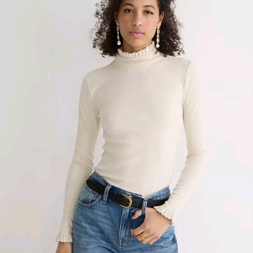 J. Crew Ribbed Ruffle Neck Long Sleeve Top Size Medium NEW NWT Tan Beige